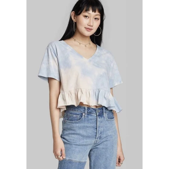 Wild Fable Pure Cotton Tie Dye Peplum V-Neck Short Sleeve Cropped Blouse - Picture 1 of 9